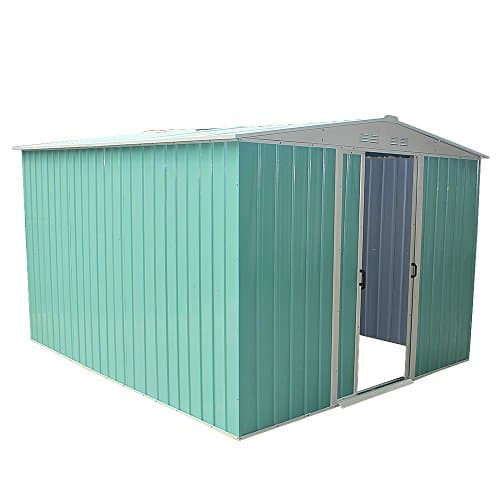 Image of 8x10FT Storage Metal Garden Apex Roof Storage Shed Metal Flat Roof Shed Door at 8FT side