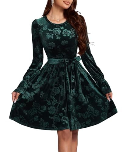 Image of TACSTRUN Women's Sexy Grace Velvet Dress Long Sleeve Round Neck Crushed Floral Pattern A-Line Flowy Lace Up Midi Dress,Green,XL