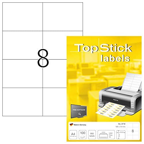 Image of TopStick 8716 Multi-Purpose Labels, 8 Labels Per A4 Sheet, 105 x 74 mm, 800 Labels, Self Adhesive, Large Stickers for Laser and Inkjet Printers, White