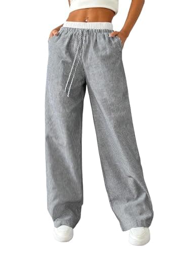 Image of Akiooue Women's Wide Leg Trousers UK,Womens Fashion Striped Elastic Waist Lightweight Pants, Loose Fit Comfortable Stretchy Ladies Trousers Black