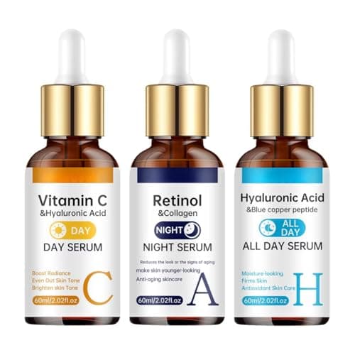 Image of Vitamin C, Hyaluronic Acid & Retinol Face Serum Set (3 x 60ml) – Day & Night Skincare Bundle with Blue Copper Peptide & Collagen – Hydrating, Brightening & Anti-Ageing Serum