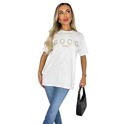 Image of WearAll Women's Short Sleeve Coco Slogan Printed T-Shirts Ladies Oversized Summer Tops White 8-10