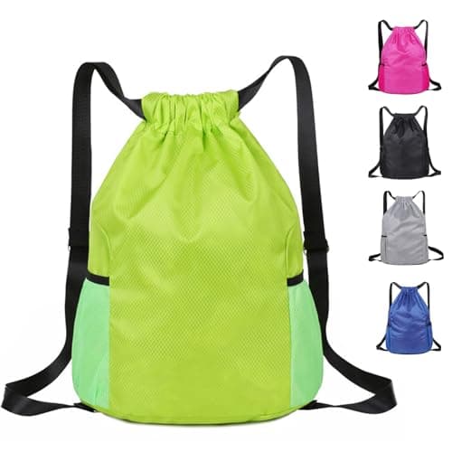 Image of Toced Drawstring Bag, Unisex Large Sports Backpack String Drawstring PE Bags, Sport Gym Sack have Two Side Pockets, Travel Beach Swim School Bag with Waterproof (Green)