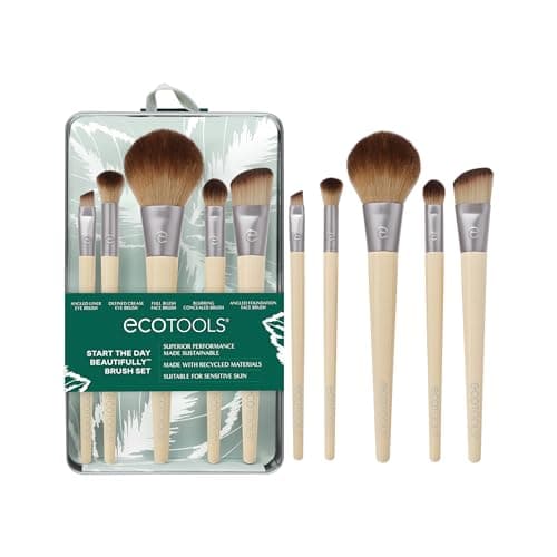 Image of EcoTools 6 Piece Start The Day Beautifully Makeup Brush Set, Makeup Brushes For Eyeshadow, Blush, Concealer, & Foundation Application, Eco-Friendly, Synthetic Hair, Vegan & Cruelty-Free