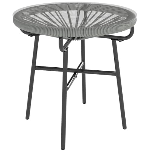 Image of Outsunny Rattan Side Table, Round Outdoor Coffee Table, with Round PE Rattan and Tempered Glass Tabletop for Patio, Garden, Balcony, Light Grey