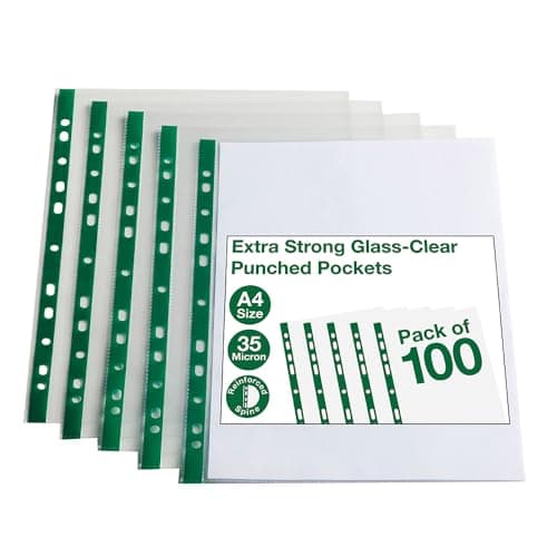 Image of Summit A4 Glass Clear Punched Pockets – Pack of 100 – Premium Clear Plastic Sheet Protectors, Multi-Punched for Ring Binders & Lever Arch Files