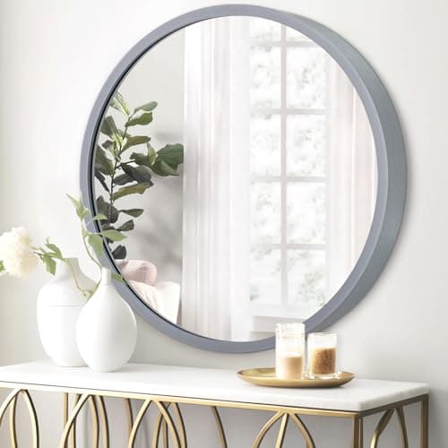 Image of JJUUYOU Metal Round Wall Mirror Wood Frame HD Glass Mirror for Bathroom Circular Hanging Mirrors for decor Metal Frame Modern Mirrors for Living Room Decorative Makeup,Grey