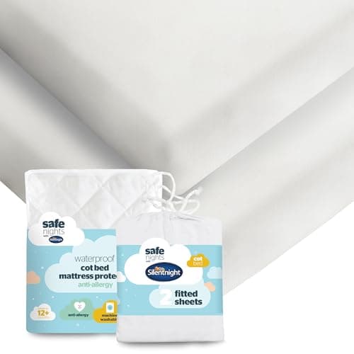 Image of Silentnight Safe Nights Cot Bed Waterproof Mattress Protector & Fitted Sheet - Children Kids Baby Nursery Bed Pad Protection Against Spillages - 100% Cotton Super Soft - Machine Washable, White