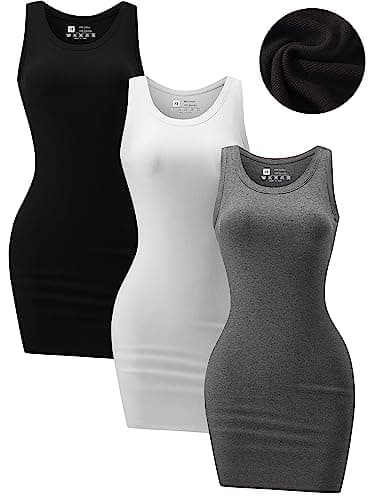 Image of Chongbaijia 3 Pack Summer Dresses for Women 2026 Ribbed Crewneck Tank Top Dress Sleeveless Sundress Basic Bodycon Mini Dress, Black/White/Gray, M