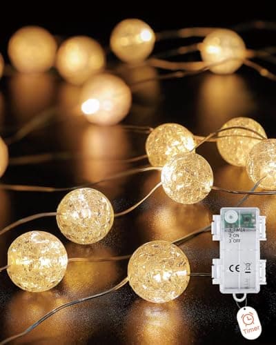 Image of Fairy Lights Crystal Balls, 2 m 20 LED Mini crystal balls, fairy light Battery Operated with Timer, Crystal Crackle ball fairy Lights Indoor for Christmas, Wedding, Bedroom, Party Decoration,Valentin