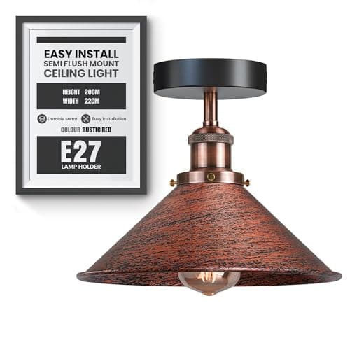Image of DC Voltage Industrial Semi Flush Ceiling Light 22cm Metal Rustic Red Cone Shade E27 Hardwired Ceiling Lighting Fixture for Kitchen Bedroom Hallway Dining Room No Bulb