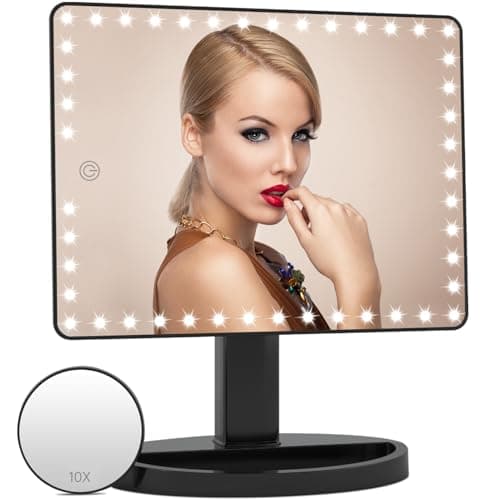 Image of Large Lighted Makeup Vanity Mirror with 45 LED Lights, Rechargeable Lithium Battery Light Up Mirror, 10X Magnification Touch Screen, 360° Rotation Portable Tabletop Cosmetic illuminated Mirror