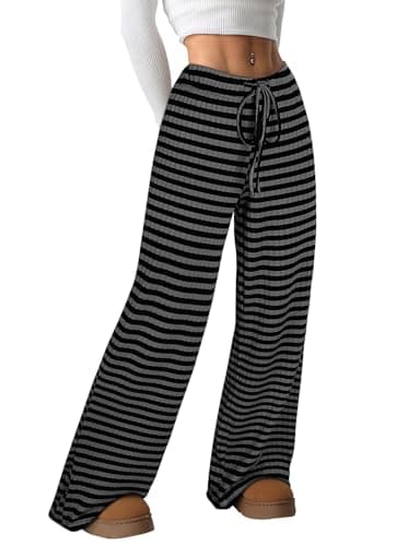 Image of Akiooue Womens Wide Leg Trousers UK Women's Palazzo Casual Loose Striped Trousers Elasticted Waist Stretch Pants with Drawstring 2025