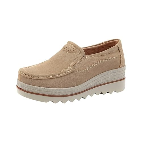 Image of Women's Platform Loafers Wedge Sneakers Slip on Casual Toning Rocker Walking Shoes Suede Trainers with Arch Support Orthotic Shoes Beige