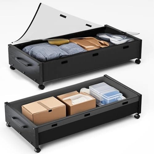 Image of Under Bed Storage with Wheels, 2 Packs Wooden Storage Containers Extra Large Underbed Shoes Organizer, Rolling Under Bed Storage Drawers with Clear Lid, Heavy Duty for Clothes Toys 36"L (Black Wood)