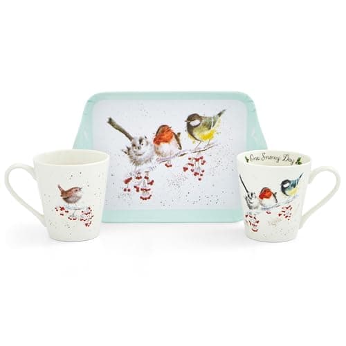 Image of Royal Worcester x Wrendale Mug and Tray Gift Set - Christmas Birds Design by Artist Hannah Dale, Porcelain & Melamine, Suitable for Tea or Coffee Time with your Partner, 180ml