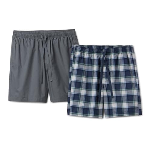 Image of Amazon Essentials Men's Lounge Cotton Stretch Poplin Pyjama Shorts, Pack of 2, Charcoal/Country Plaid, S