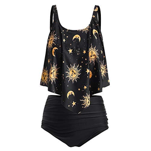 Image of JMSUN Women Sun Stars Moon Flounce High Waisted Tankini Swimsuit, Yellow2, Large