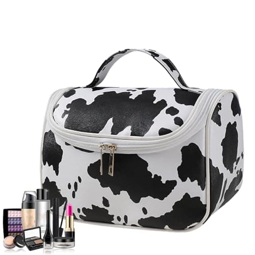 Image of Travel Cosmetic Bag - Cow Print Toiletry Makeup Bag Pouch - Large Capacity Makeup Case with Portable Handle for Skincare Toiletries Shampoo, Birthday for Women Girls