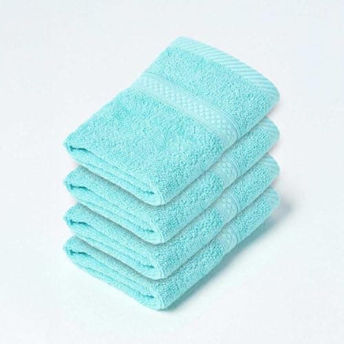 Image of HOMESCAPES Aqua Blue Turkish Cotton Set of 4 Face Cloths Flannel Super Soft Thick & Absorbent 500 GSM Towel Heavy Weight for everyday Luxury