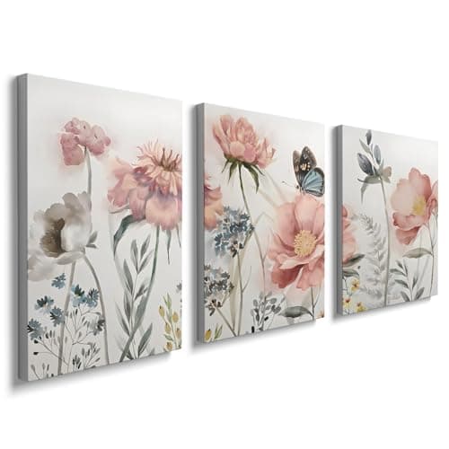 Image of prinfantasy Wooden Framed Blush Grey Pink Canvas Wall Art Canvas Prints Pink Floral Painting Picture for Living Room Bedroom Hallway Home Wall Decor 30x40cm YH1601