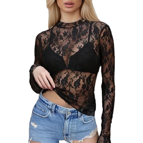 Image of Sahunfri Mesh Tops for Women, Lace Tops for Women UK Sexy See Through Shirts, Y2K Lace Top Layering Blouses (UK, Alpha, M, Regular, Regular, Standard, Black)