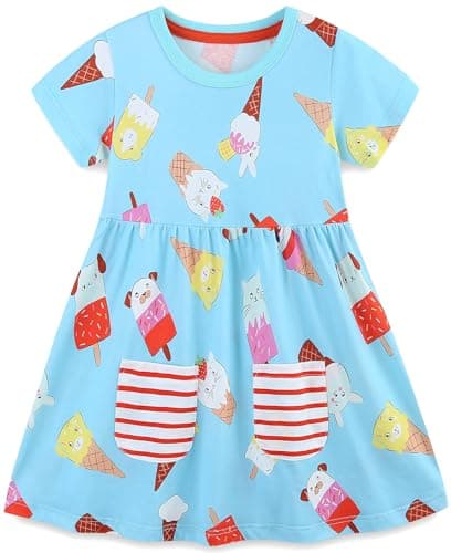 Image of Langubaby Summer Dresses for Girls Flower Button Dress Casual Short Sleeve Cotton Little Kids Clothes Age 1-7 Years (6-7 Years, Popsicles)