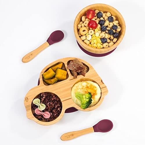 Image of Vinsani Bamboo Car Plate Bowl and Spoon Set for Baby Toddler Kids Children, Suction Plate, Stay-Put Non-Slip Base Design, Hypoallergenic, Food-Grade Silicone and BPA-Free Baby Feeding Set (Red)