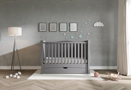 Image of Viculii GILBERT Baby Sleigh Cot Bed with Drawer and Mattress 140x70x10cm | 3 in 1 Large Grey Cot Bed Converts to Toddler Bed Junior Bed