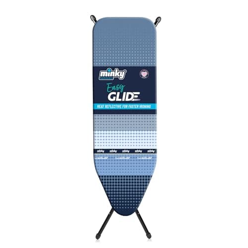 Image of Minky EasyGlide Ironing Board, 110 x 35 cm Ironing Board, Lightweight & Compact, Adjustable Height Up To 86cm, Sturdy 4-Leg Design With Non-Slip Feet, Made in The UK