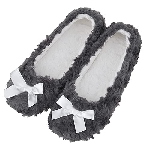 Image of MIXIN Ladies Microfiber Velour Ballet Slippers with Non Slip Grips and Cute Bow Darkgrey Size 5