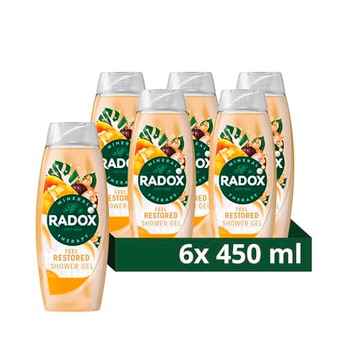 Image of Radox Mineral Therapy Feel Restored Shower Cream Body Wash uniquely blended with minerals, herbs and a mango & cocoa butter scent for a mood-boosting experience 6x 450 ml