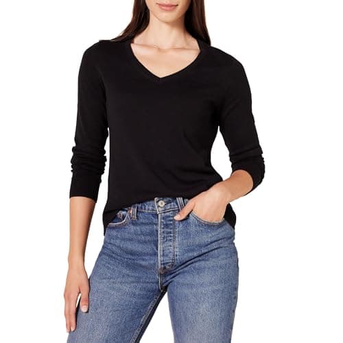 Image of Amazon Essentials Women's Regular-Fit Lightweight V-Neck Long-Sleeve Jumper (Available in Plus Size), Black, XS