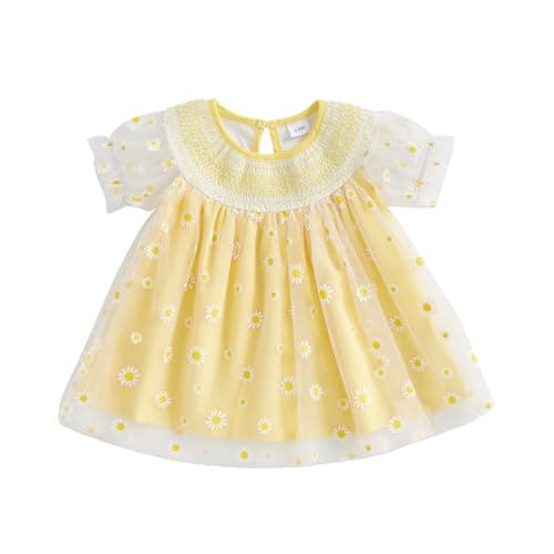 Image of Geagodelia Toddler Baby Girl Summer Princess Dress Little Girls Daisy Print Tulle Skirt Short Sleeve A-Line Tiered Puffy Hem Pageant Baptism Wedding Evening Birthday Party Dress (Yellow, 3-6 Months)