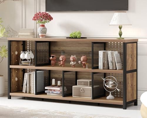 Image of LVB Industrial Bookshelf with 8 Cube Storage Organizer, Long Horizontal Wood and Metal 4 Bookcase for Home Living Room Bedroom, Wide Large Modern 6 Cubby Book Shelves for Office, Rustic Oak, 160 CM