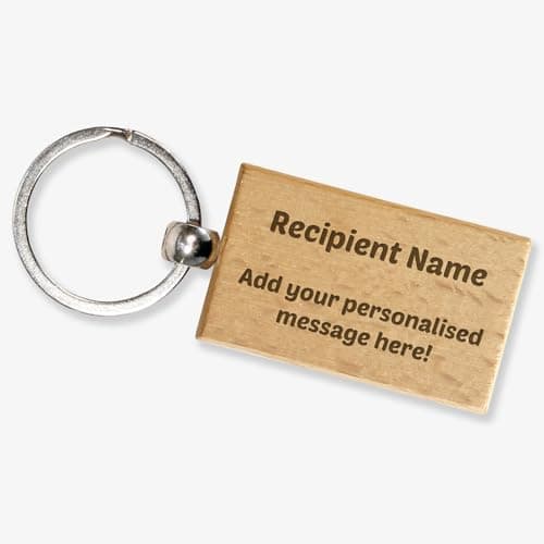 Image of 1 Personalised Wooden Etched Rectangular Keyring Birthday Anniversary Keepsake 30x55mm Primary Teaching Services