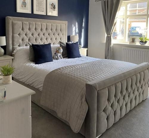 Image of Batley Bed Luxury Hilton Velvet Upholstered Bed Frame – Premium Wingback/Panel Headboard – Plush Velvet Fabric – Single-Super King (GREY, Small Double 4ft Bed Frame)