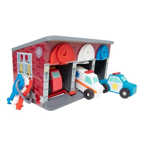 Image of Melissa & Doug Toy Keys and Cars Wooden Rescue Vehicles and Garage (7 pcs) Toddler Pull Back Toys, Toy Garage for Kids Ages 3+