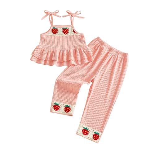 Image of MAHUAOYIXI Toddler Baby Girls Outfits Crochet Strawberry Embroidery Sleeveless Ruffled Camisole Top with Elastic Waist Pants Sets 2Pcs Baby Clothes for Girls (Pink, 2-3 Years)
