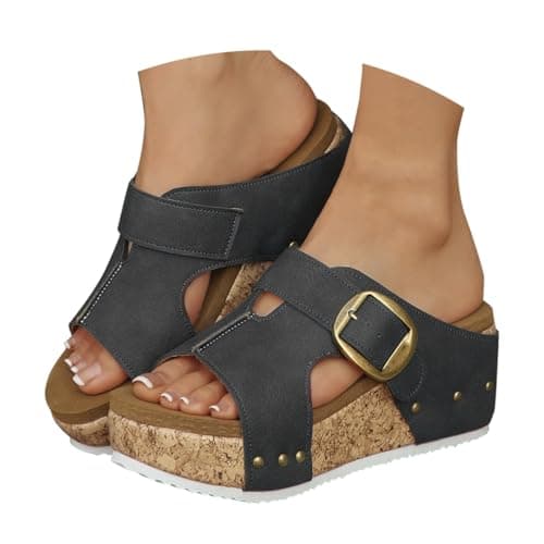 Image of Wedges Sandals for Women Wide Fit Sandal Walking Sandals for Women UK Large Size Thick Bottom Slope with Single Buckle Slippers Summer Beach Open Toe Sandal Black