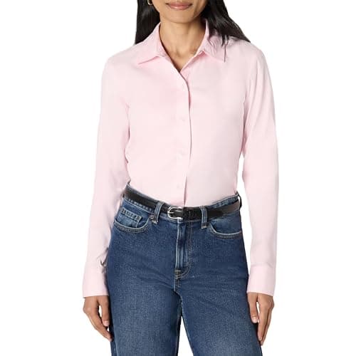 Image of Amazon Essentials Women's Slim-Fit Stretch Poplin Button-Up Dress Shirt, Light Pink, L