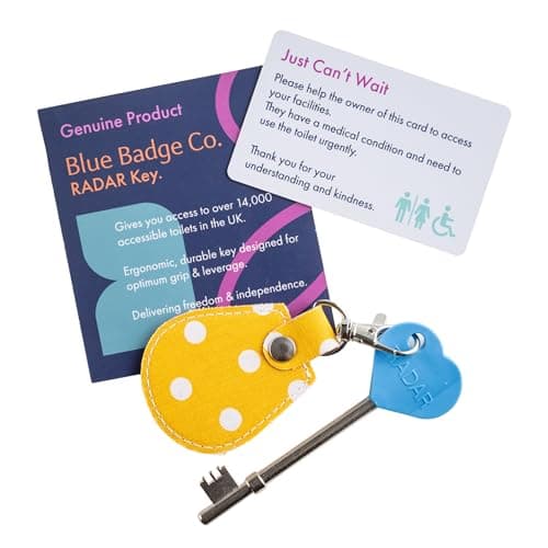 Image of Official & Genuine Radar Disabled Toilet Key with Spotty Canary Yellow Fabric Keyring, UK NKS Standard Access Key for Accessible Toilets, Includes Free Just Can’t Wait Card – Easy Turn Key