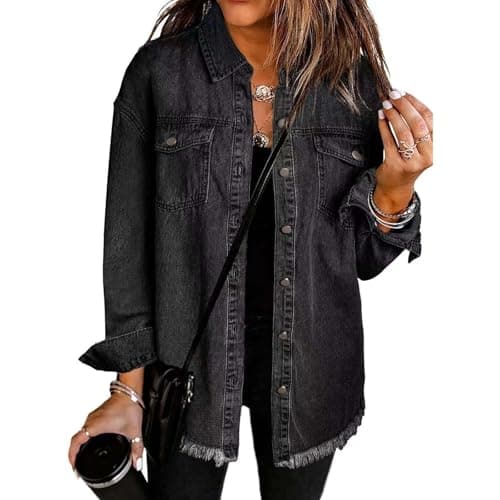 Image of Cocila Denim Jackets Women UK Button Down Windproof Casual Long Frayed Hem Shacket Coats Washed 2025 Jean Solid Color Lightweight Stretch Boyfriend Jean Jacket Gift with Pockets Black L