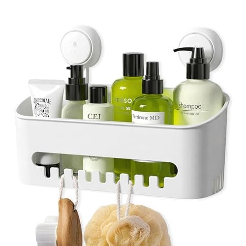 Image of Zuvo Shower Caddy with Suction Cups – No Drill Bathroom Shelf for Shampoo and Toiletries, Rustproof Plastic Shower Organiser (White, Rectangle)