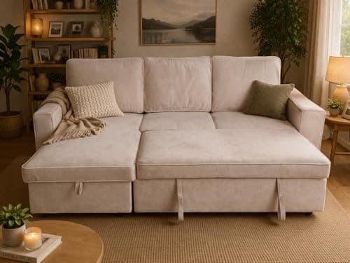 Image of ZANGELI Light Brown L-Shaped Sofa Bed with Storage Chaise – Convertible 3-Seater Pull-Out Sleeper Couch, Modern Space-Saving Corner Sofa for Living Room