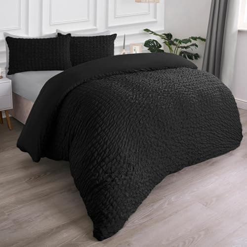 Image of OHS Double Duvet Covers, Super Soft Cosy Fabric Textured Seersucker Geometric Double Bedding Design Comfort Double Bed Set with 2 Pillowcases, Black
