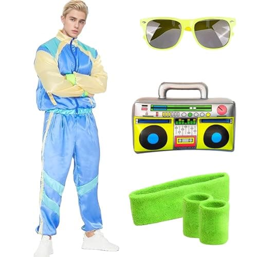 Image of HarnyLoom 80s 90s Fancy Dress Costume Men Women Adults, Shell Suit Rave Tracksuit Outfit Retro Jacket Hip Hop Rapper Disco Neon Accessories Carnival Halloween Party (Blue, L)