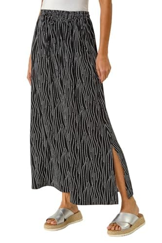 Image of Roman Jersey Skirt for Women UK - Ladies Midi Maxi Floral Animal Print Autumn Winter Swing Smart Casual Office Cocktail Party Going Out Evening Holiday Cruise - Noir Blanc - Size 20