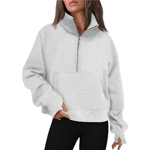Image of Sweatshirts Womens Sweatshirts Half Zip Cropped Pullover Quarter Zipper Hoodies Fall Outfits Clothes Thumb Hole (Grey, S)