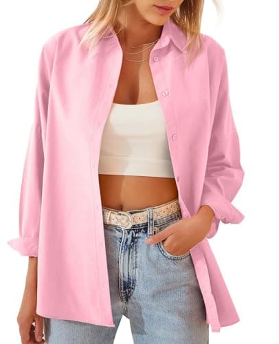 Image of MINTLIMIT Womens Blouses Casual Long Sleeve Button Down Shirt Oversized Cotton Work Office Blouses Top 2024, Pink